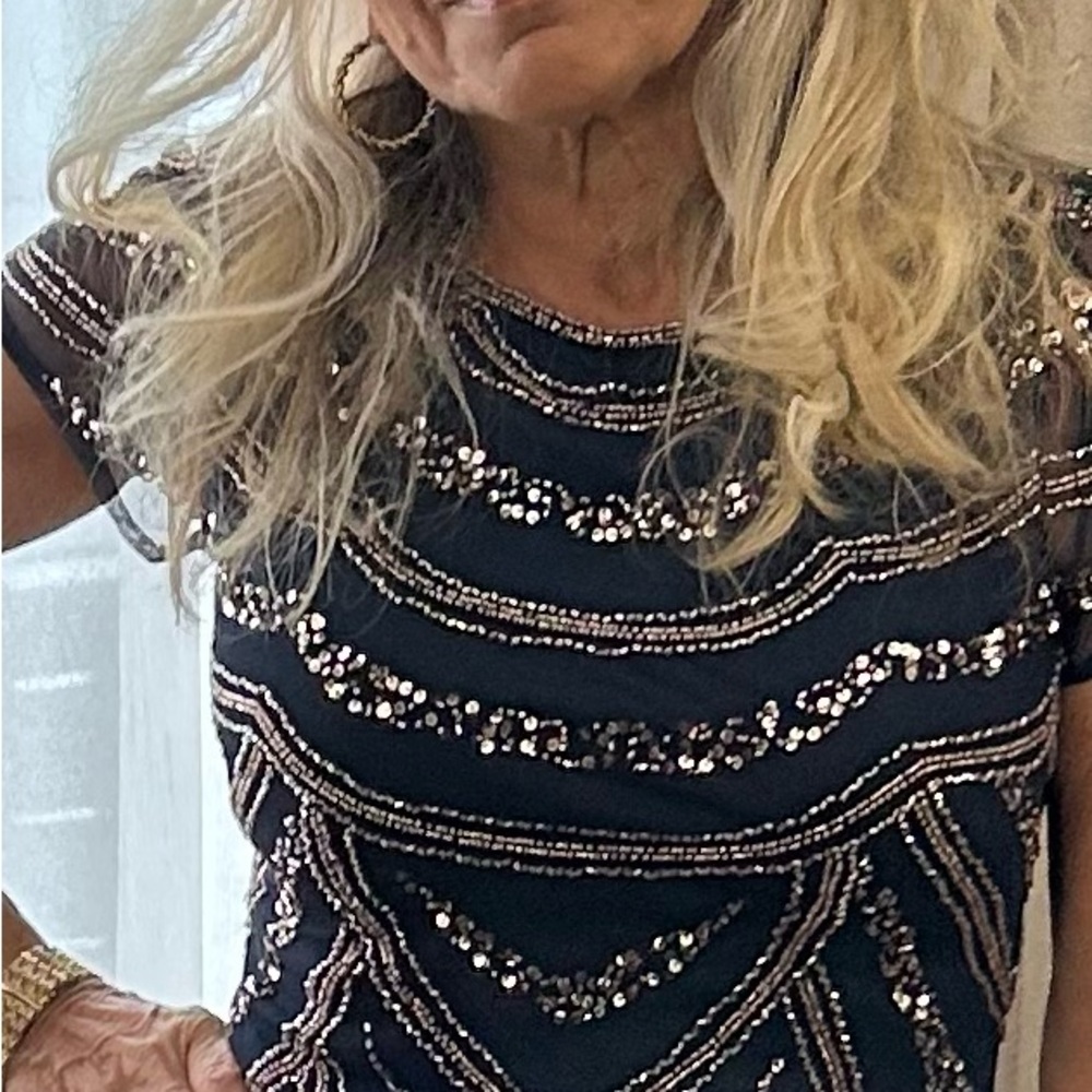 Adrianna Papell Navy and Gold Sequin Dress and Rose Gold